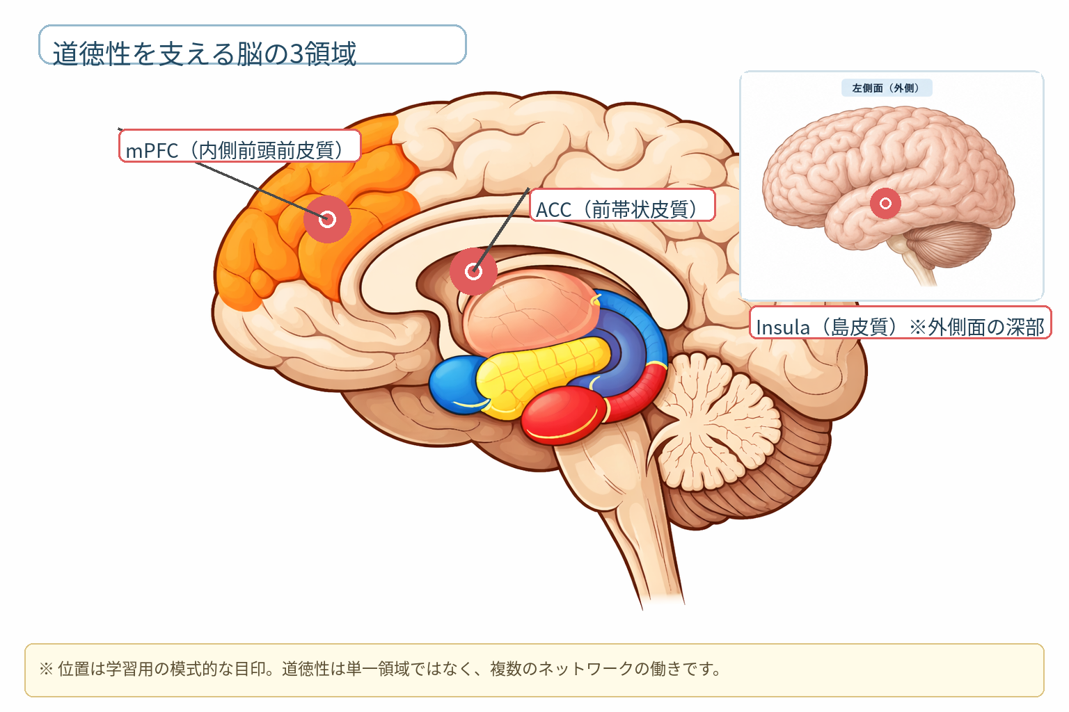 道徳性を支える脳の三領域を示した脳地図。mPFC、ACC、島皮質に印が付いている